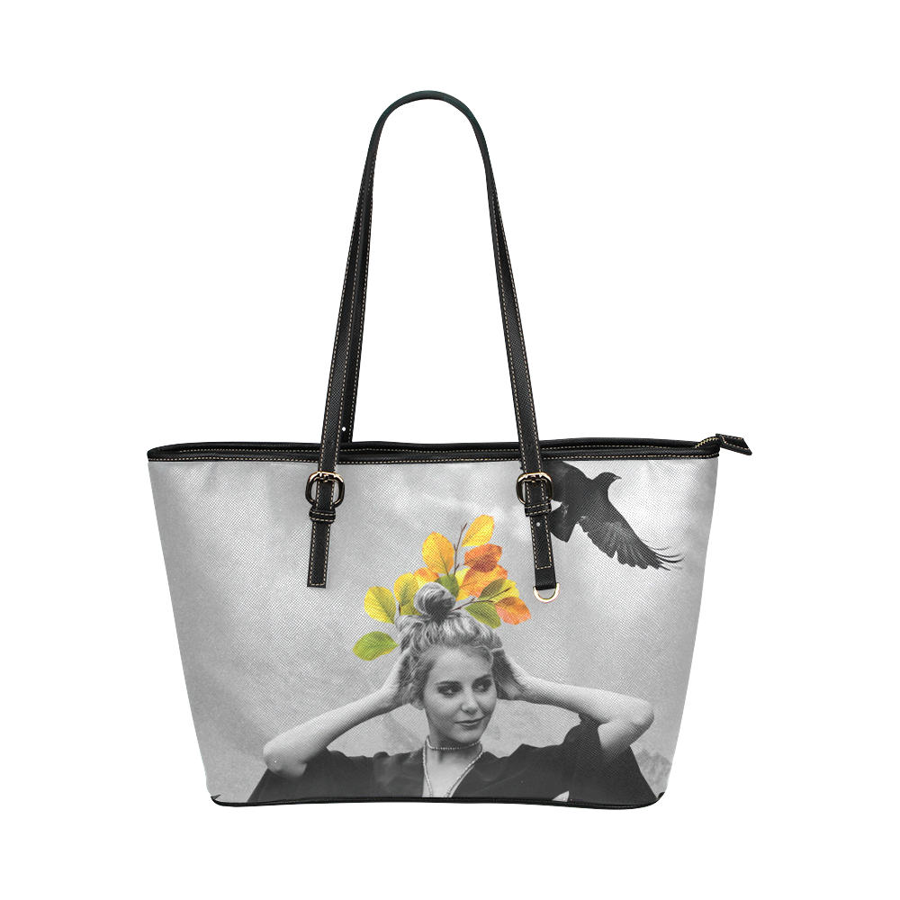 Crow girl Leather Tote Bag/Small (Model 1651)