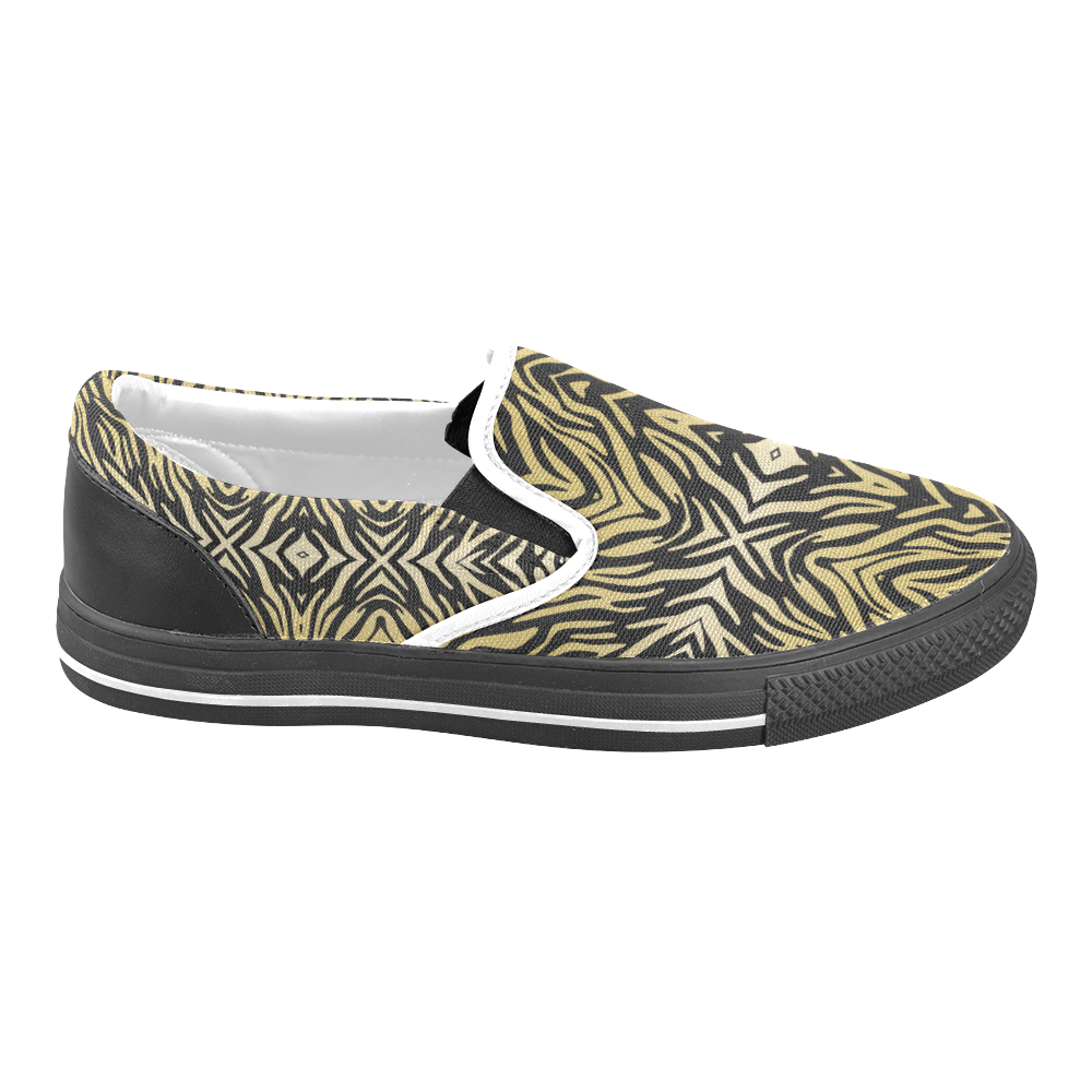 Gold and Black Zebra Print Pattern Women's Unusual Slip-on Canvas Shoes (Model 019)