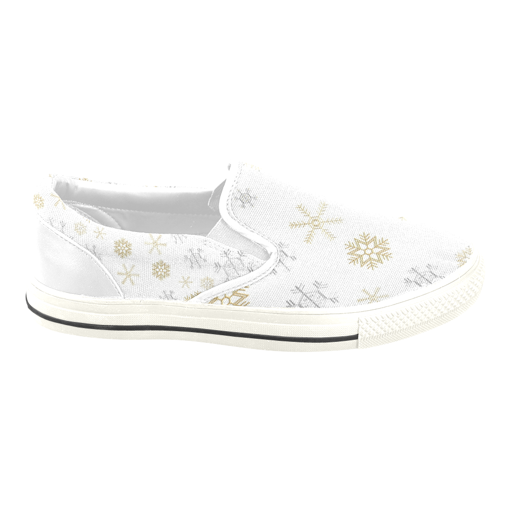 Silver and Gold Snowflakes on a White Background 2 Women's Unusual Slip-on Canvas Shoes (Model 019)