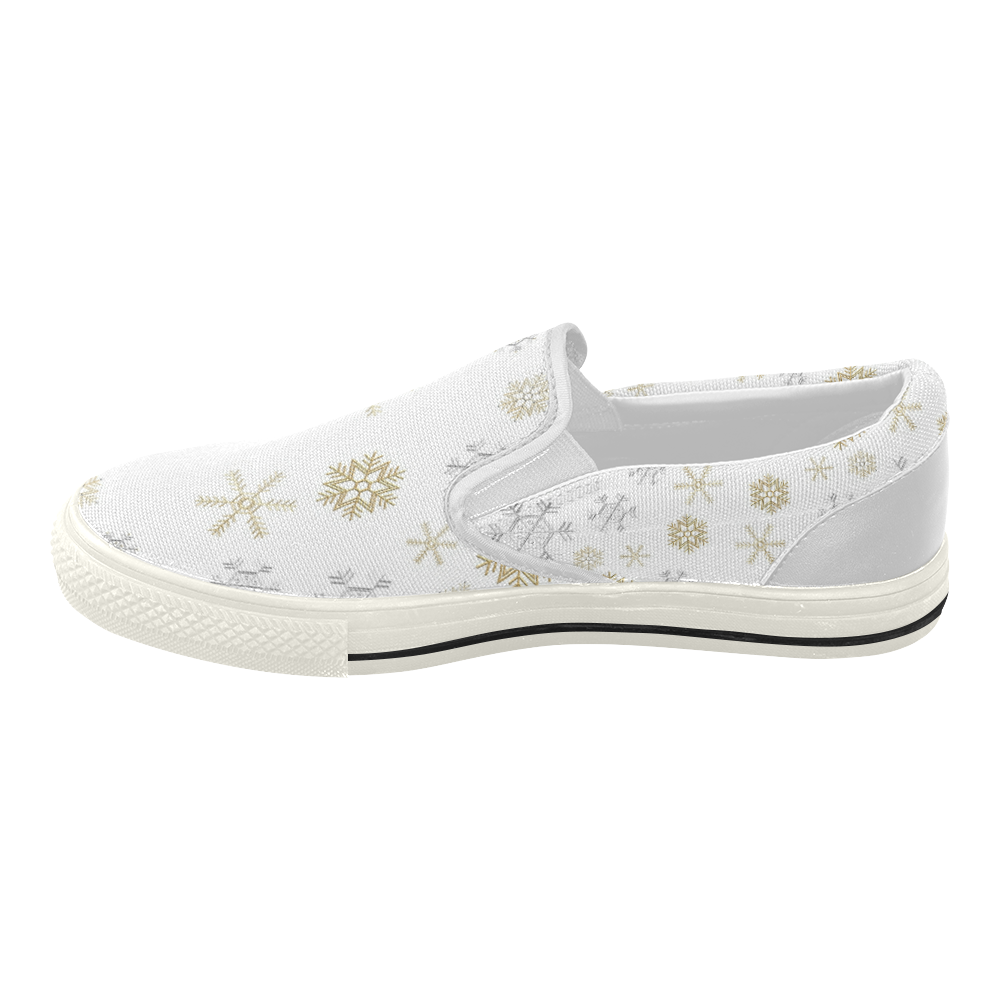 Silver and Gold Snowflakes on a White Background 2 Women's Slip-on Canvas Shoes (Model 019)