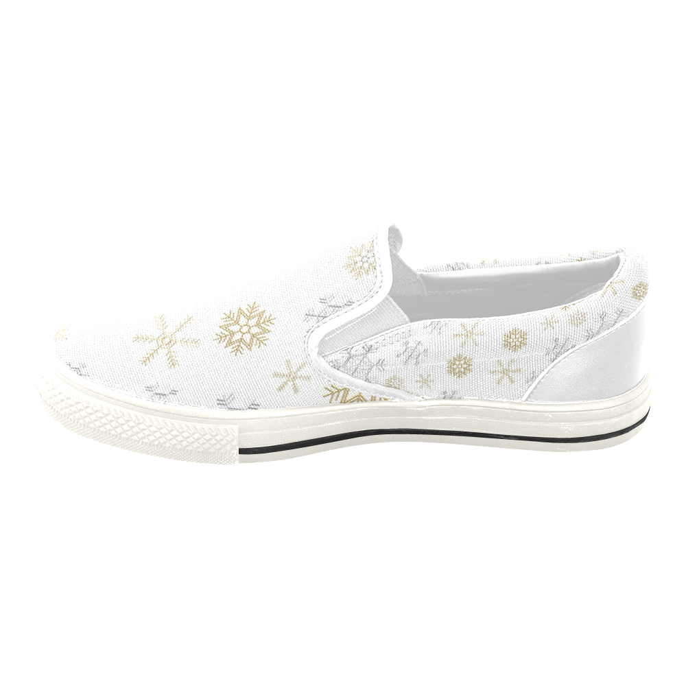 Silver and Gold Snowflakes on a White Background 2 Women's Unusual Slip-on Canvas Shoes (Model 019)