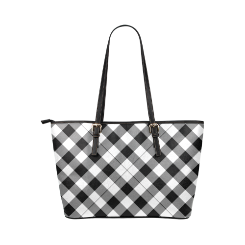 Black and White Tartan Plaid Leather Tote Bag/Small (Model 1651)