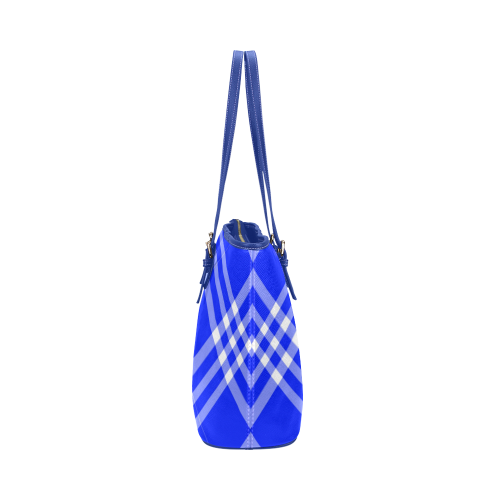 Blue and White Tartan Plaid Leather Tote Bag/Large (Model 1651)