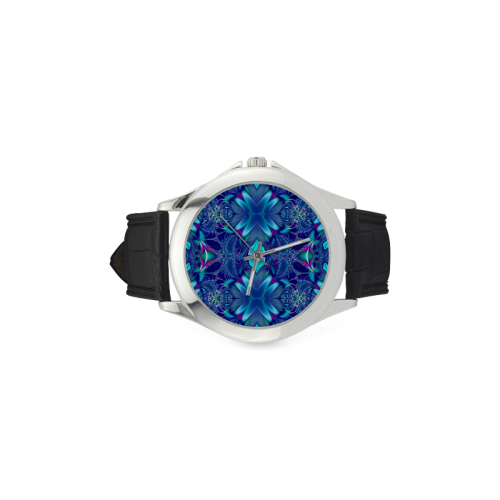 Blue Elegance Fractal Abstract Women's Classic Leather Strap Watch(Model 203)