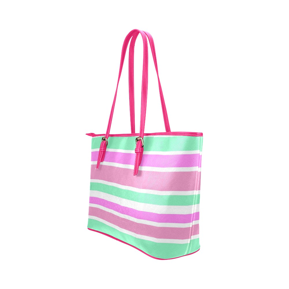 Pink Green Stripes Pattern Leather Tote Bag/Large (Model 1651)