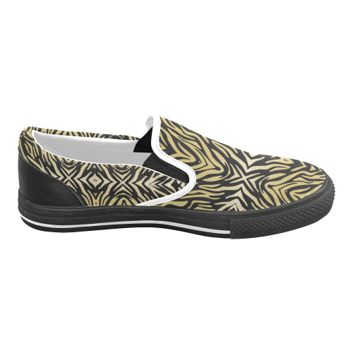 Gold and Black Zebra Print Pattern Women's Unusual Slip-on Canvas Shoes (Model 019)