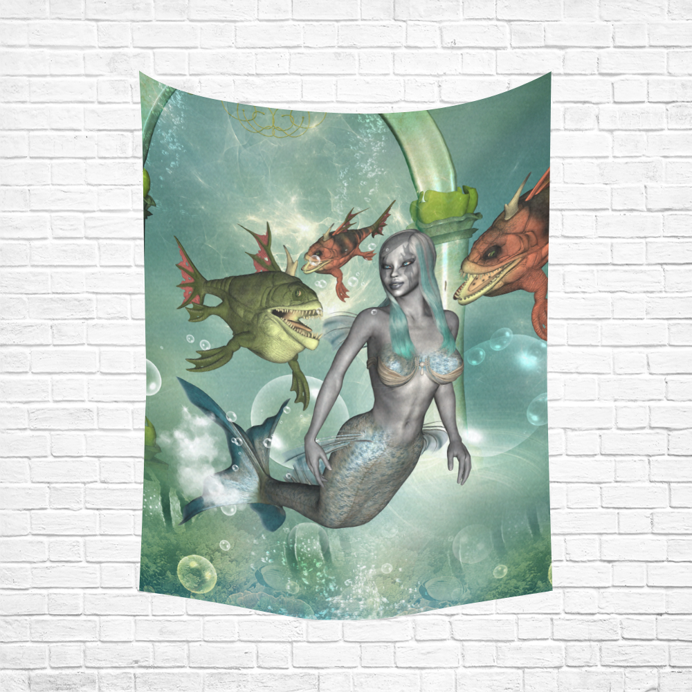 Beautiful dark mermaid with fantasy fish Cotton Linen Wall Tapestry 60"x 80"