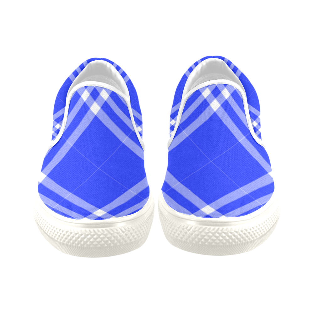 Blue and White Tartan Plaid Women's Unusual Slip-on Canvas Shoes (Model 019)