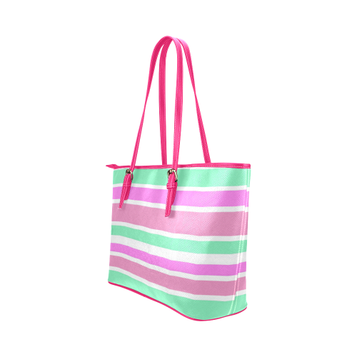 Pink Green Stripes Pattern Leather Tote Bag/Small (Model 1651)