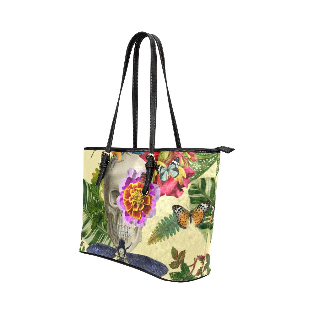 Tropical skull Leather Tote Bag/Small (Model 1651)