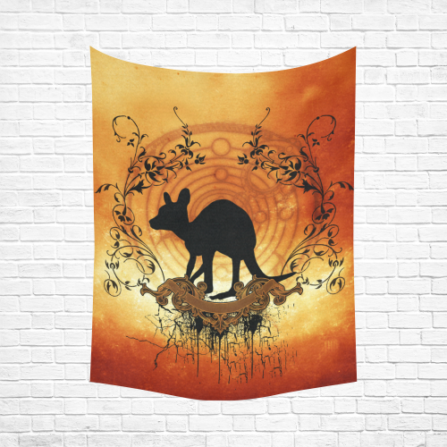 Cute kangaroo silhouette with floral elemetns Cotton Linen Wall Tapestry 60"x 80"