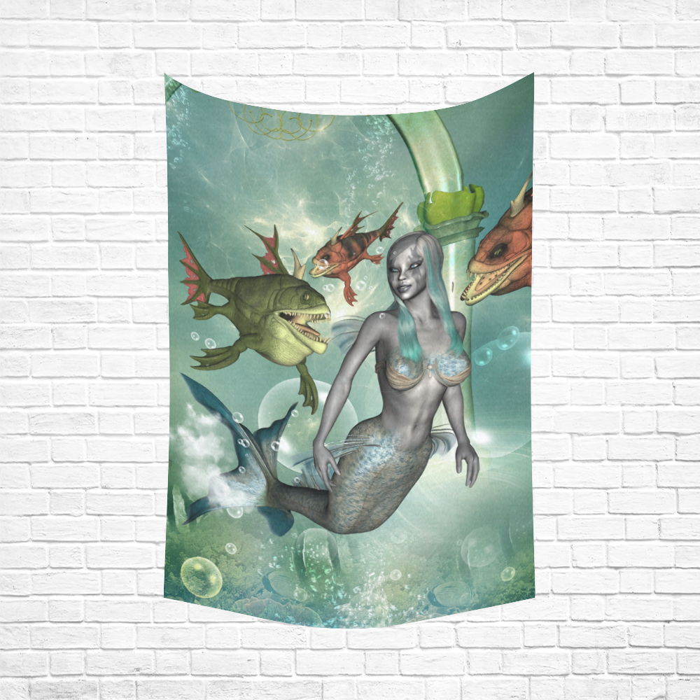 Beautiful dark mermaid with fantasy fish Cotton Linen Wall Tapestry 60"x 90"