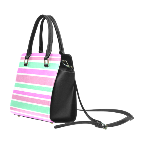 Pink Green Stripes Pattern Rivet Shoulder Handbag (Model 1645)