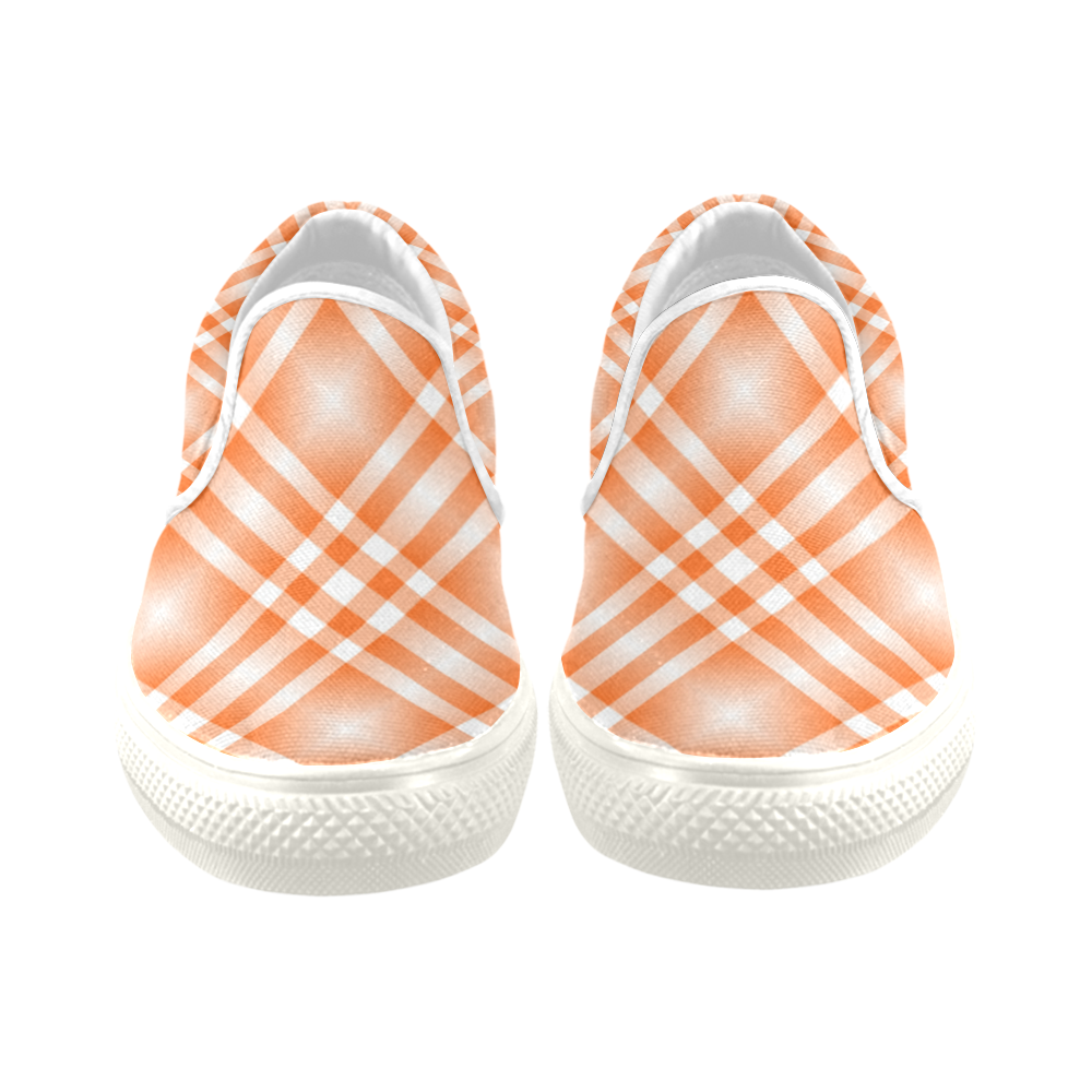 Orange and White Tartan Plaid Men's Unusual Slip-on Canvas Shoes (Model 019)