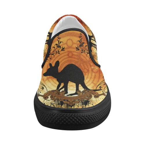 Cute kangaroo silhouette with floral elemetns Women's Slip-on Canvas Shoes (Model 019)