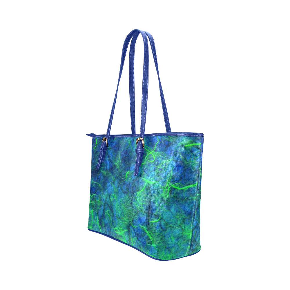 Blue Green abstract Japanese paper Leather Tote Bag/Small (Model 1651)