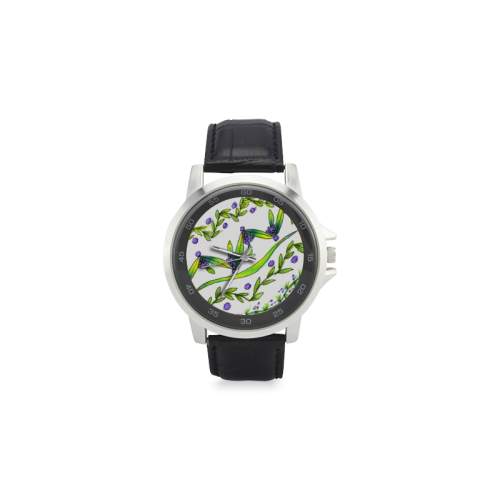 Dancing Greeen, Purple Vines, Grapes Zendoodle Unisex Stainless Steel Leather Strap Watch(Model 202)