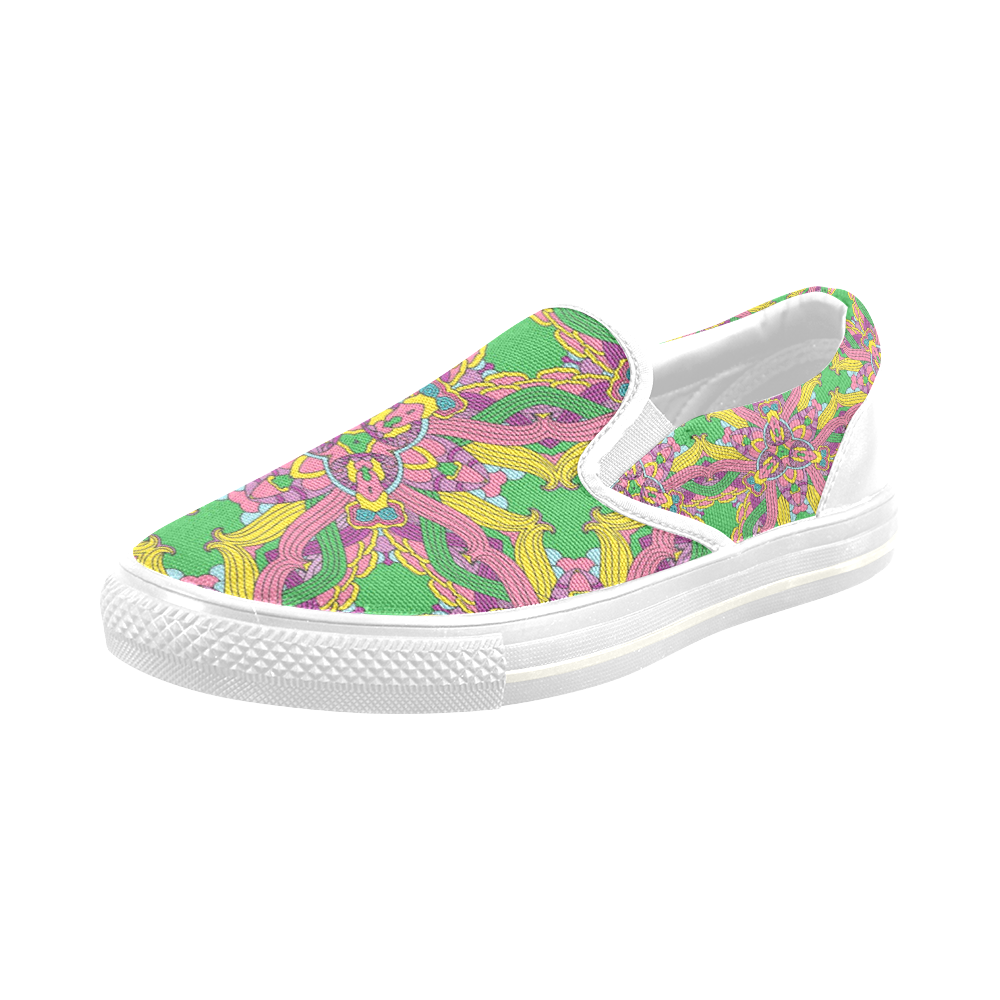 Zandine 0204 pink green yellow bold floral pattern Men's Slip-on Canvas Shoes (Model 019)