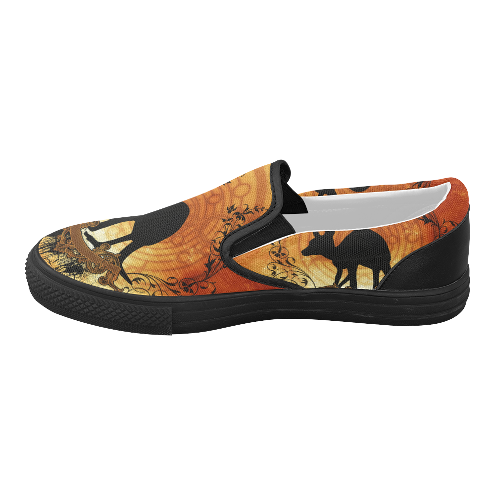 Cute kangaroo silhouette with floral elemetns Women's Slip-on Canvas Shoes (Model 019)
