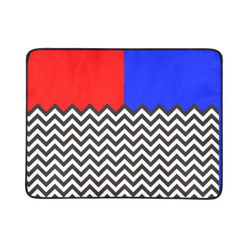 HIPSTER zigzag chevron pattern black & white + blue & red backgr. Beach Mat 78"x 60"