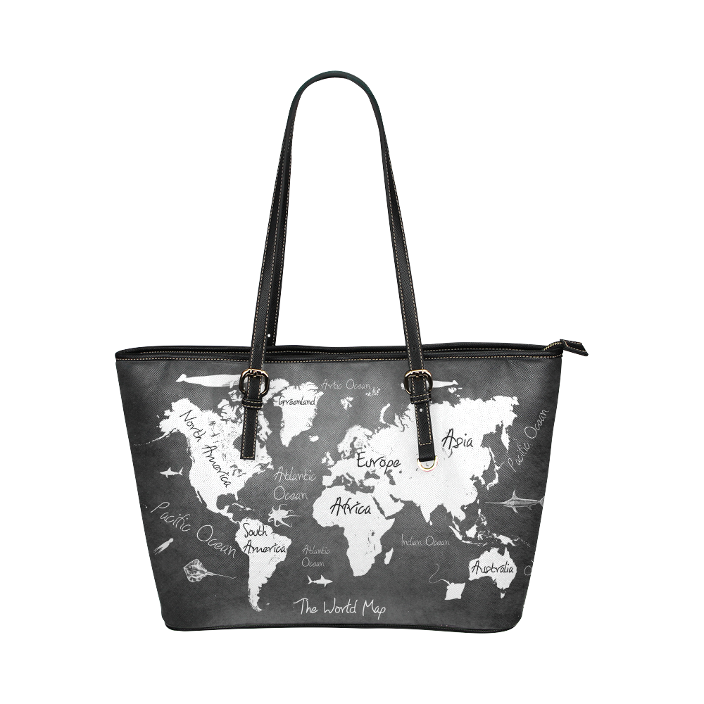 world map 2 Leather Tote Bag/Large (Model 1651)