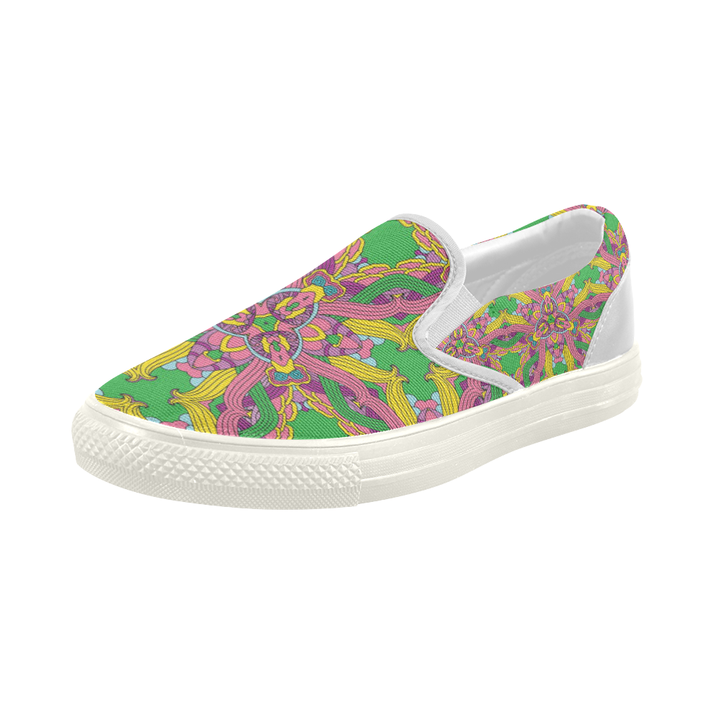 Zandine 0204 pink green yellow bold floral pattern Women's Slip-on Canvas Shoes (Model 019)