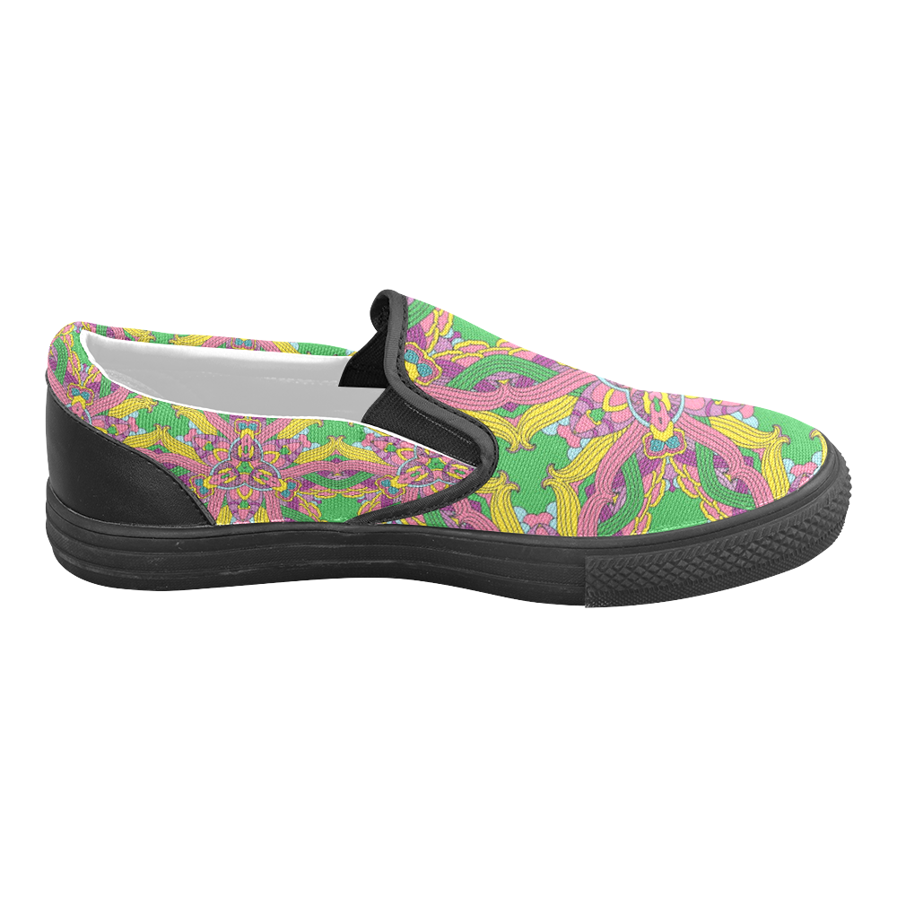 Zandine 0204 pink green yellow bold floral pattern Men's Slip-on Canvas Shoes (Model 019)