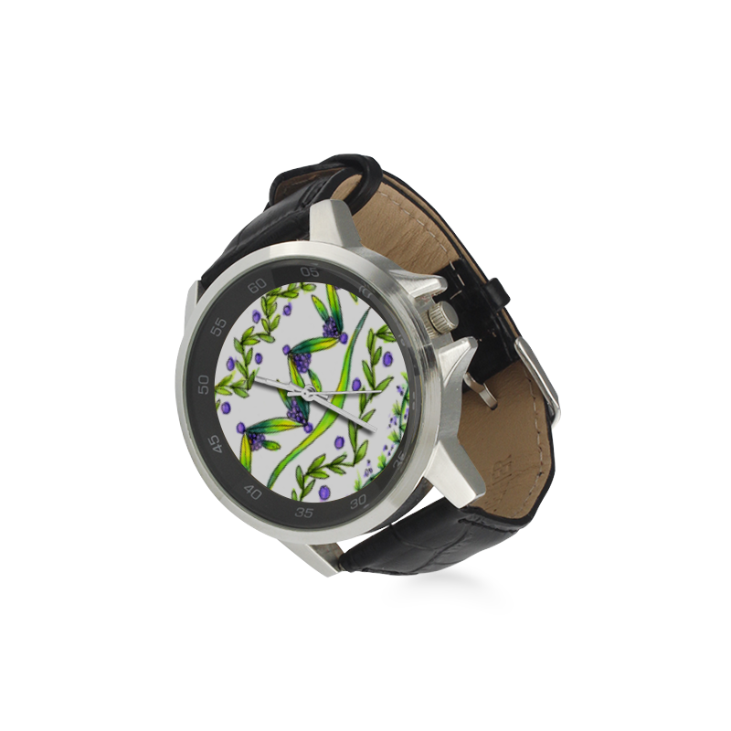 Dancing Greeen, Purple Vines, Grapes Zendoodle Unisex Stainless Steel Leather Strap Watch(Model 202)