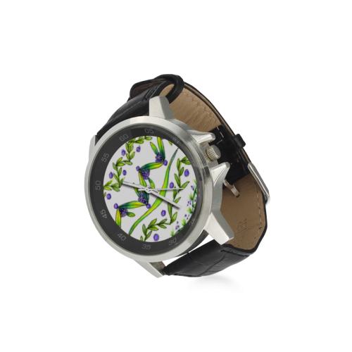 Dancing Greeen, Purple Vines, Grapes Zendoodle Unisex Stainless Steel Leather Strap Watch(Model 202)