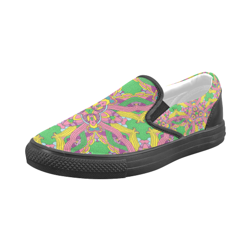 Zandine 0204 pink green yellow bold floral pattern Men's Slip-on Canvas Shoes (Model 019)