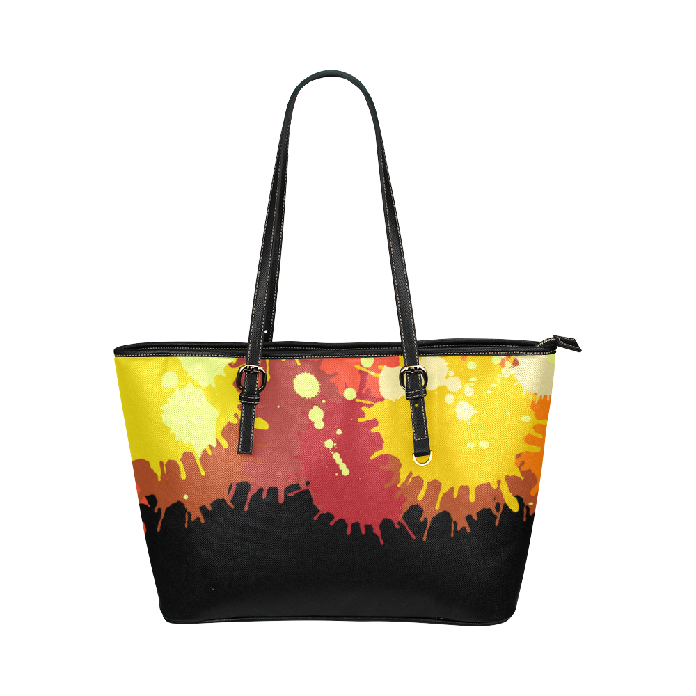 Summer Orange Yellow Splash Painting Leather Tote Bag/Large (Model 1651)