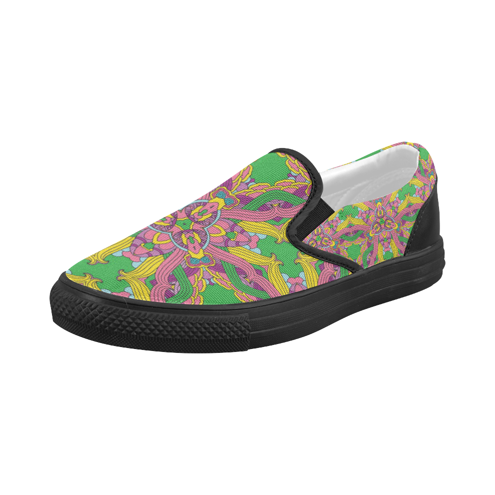 Zandine 0204 pink green yellow bold floral pattern Women's Slip-on Canvas Shoes (Model 019)