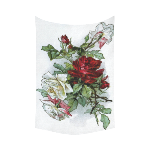 Vintage Roses Red White Floral Cotton Linen Wall Tapestry 60"x 90"