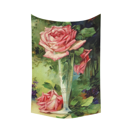 Vintage Vase and Pink Roses Cotton Linen Wall Tapestry 60"x 90"
