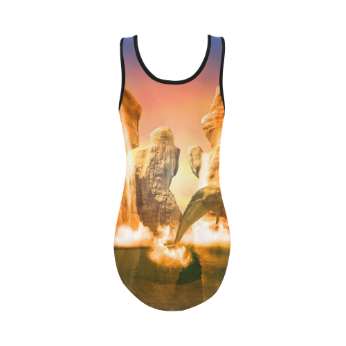 Funny dolphin jumping in the sunset Vest One Piece Swimsuit (Model S04)