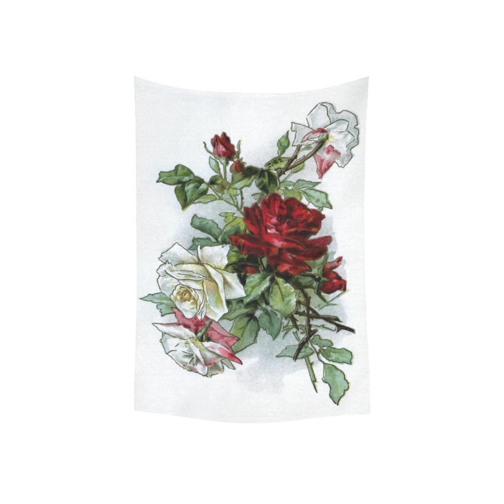 Vintage Roses Red White Floral Cotton Linen Wall Tapestry 40"x 60"