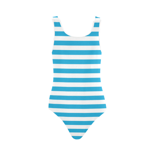 Solid Cyan With White Stripes Vest One Piece Swimsuit (Model S04) | ID ...