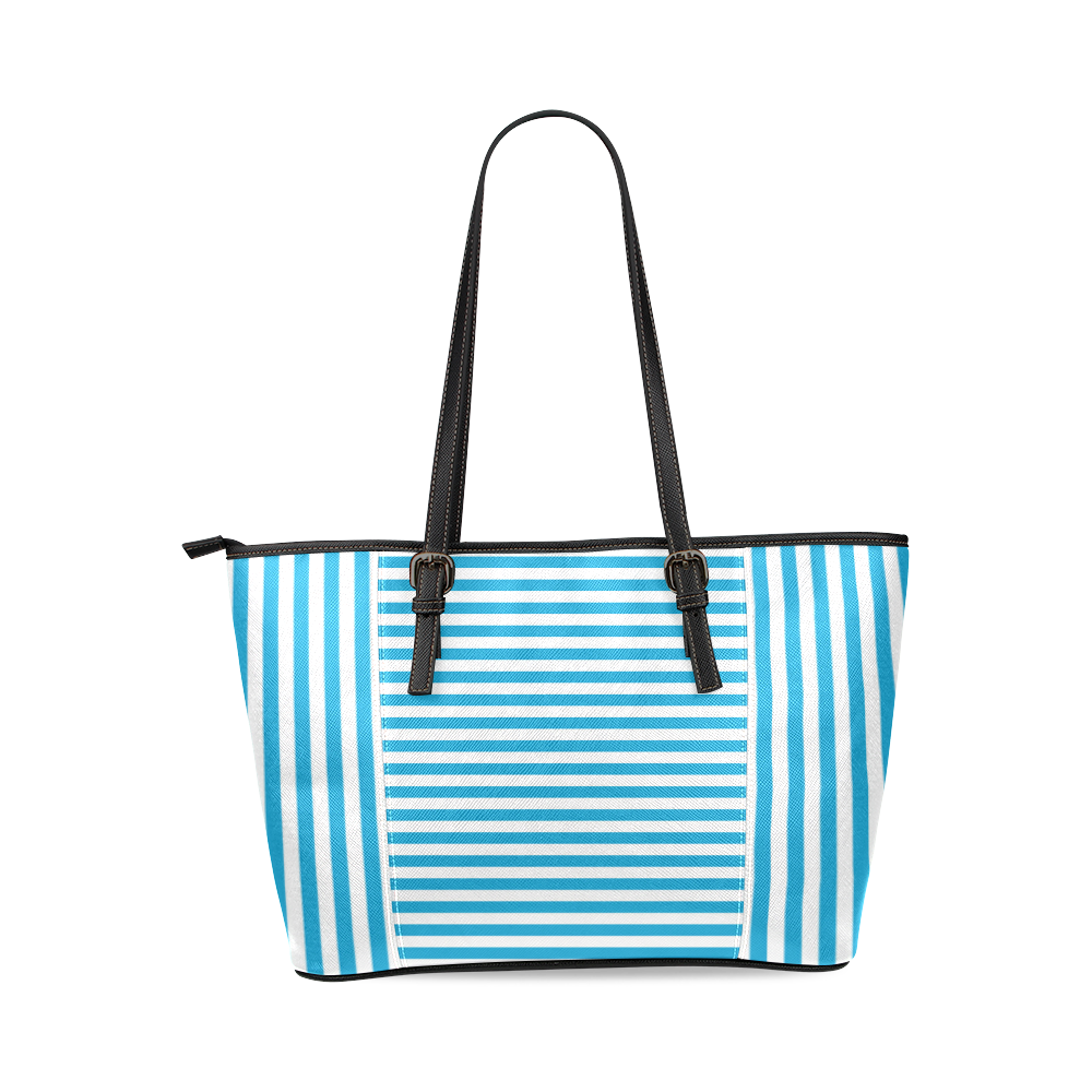 Solid Cyan With White Stripes Leather Tote Bag/Small (Model 1640) | ID ...