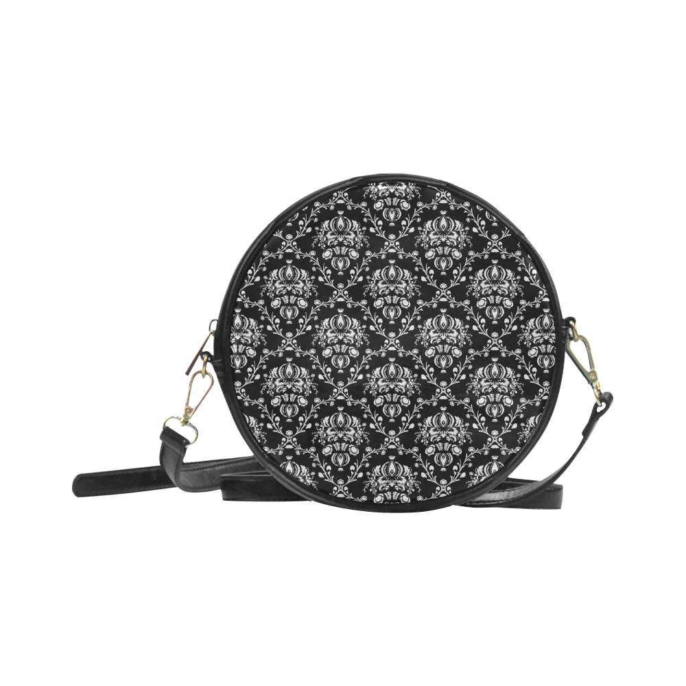 Black and White Damask Round Sling Bag (Model 1647)