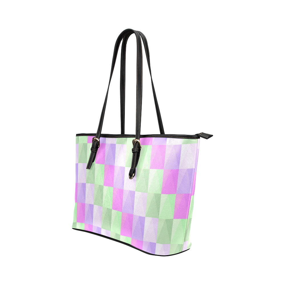 Pastel Purple Green Squares Leather Tote Bag/Small (Model 1651)
