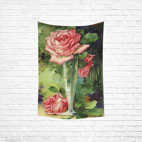 Vintage Vase and Pink Roses Cotton Linen Wall Tapestry 40"x 60"