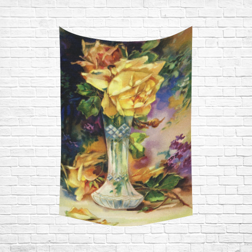 Vintage Vase and Yellow Roses Cotton Linen Wall Tapestry 60"x 90"