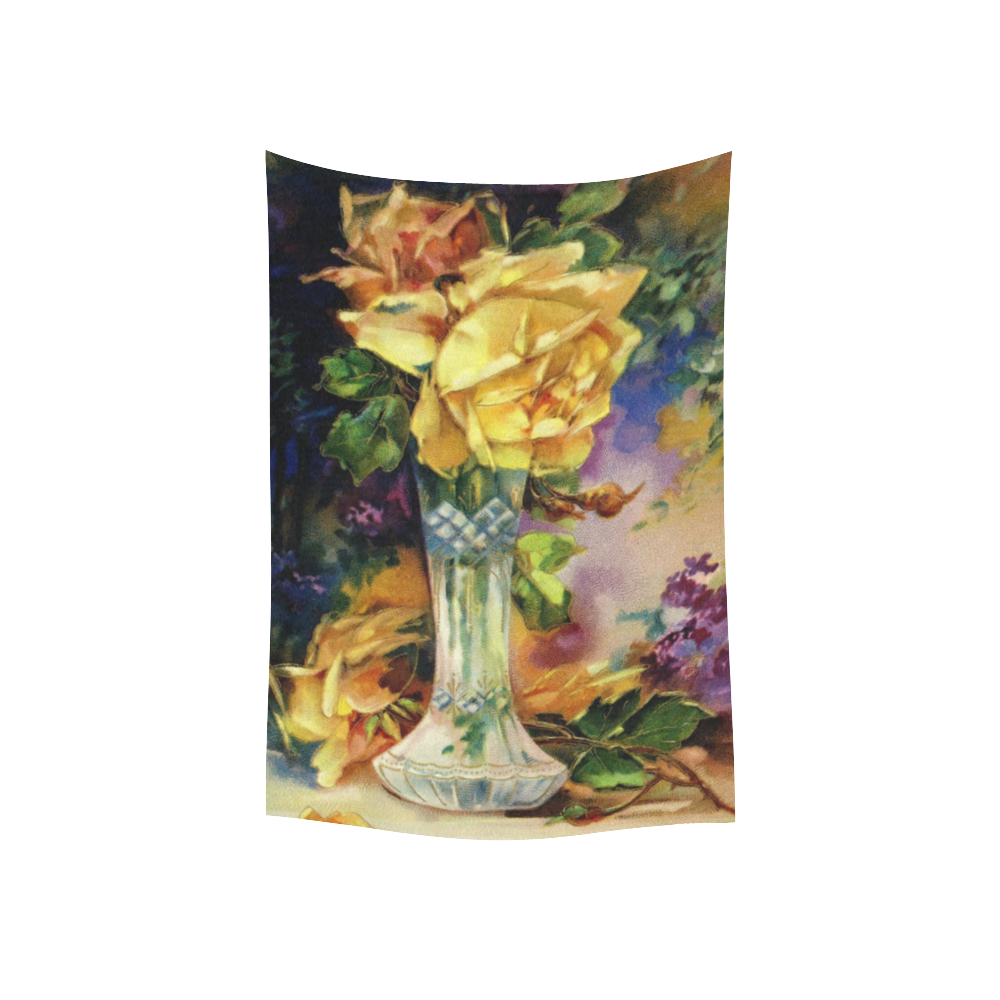 Vintage Vase and Yellow Roses Cotton Linen Wall Tapestry 40"x 60"