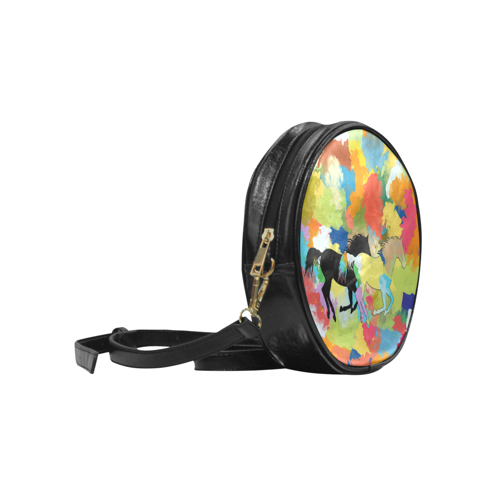 Horse Galloping out of Colorful Splash Round Sling Bag (Model 1647)