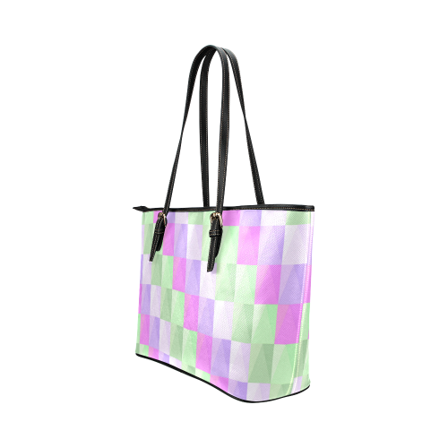 Pastel Purple Green Squares Leather Tote Bag/Small (Model 1651)