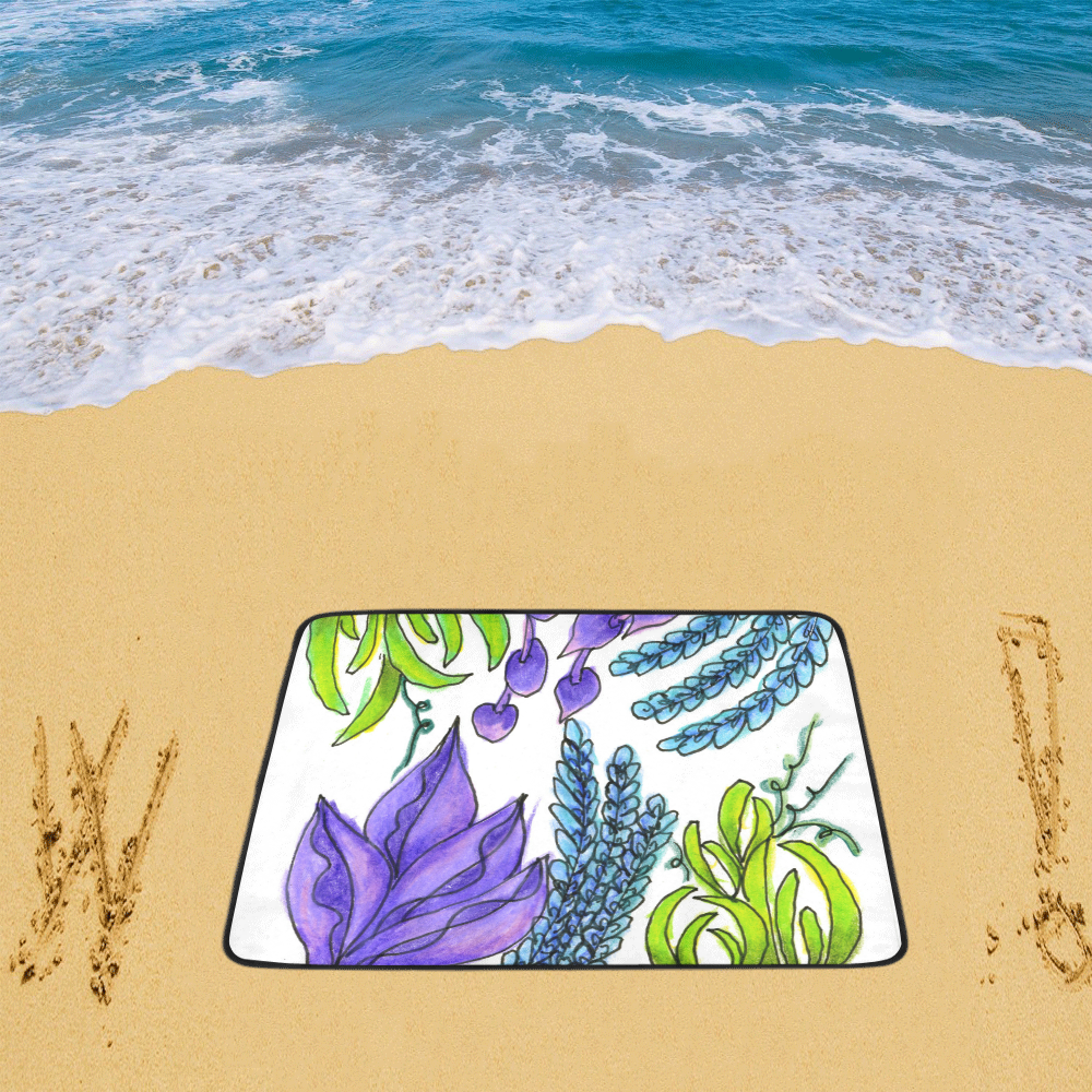 Purple Green Blue Flower Garden, Dancing Zendoodle Beach Mat 78"x 60"