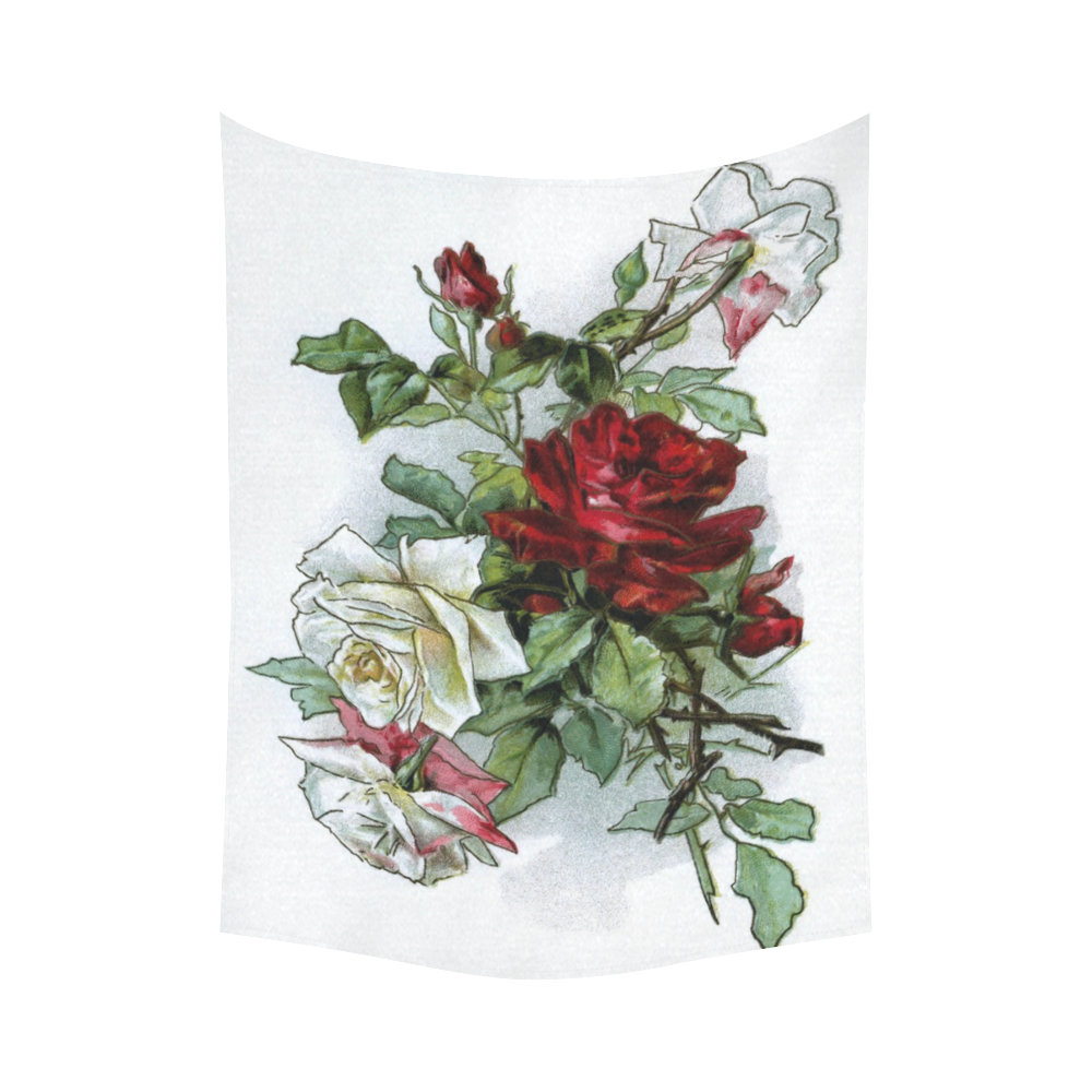 Vintage Roses Red White Floral Cotton Linen Wall Tapestry 60"x 80"