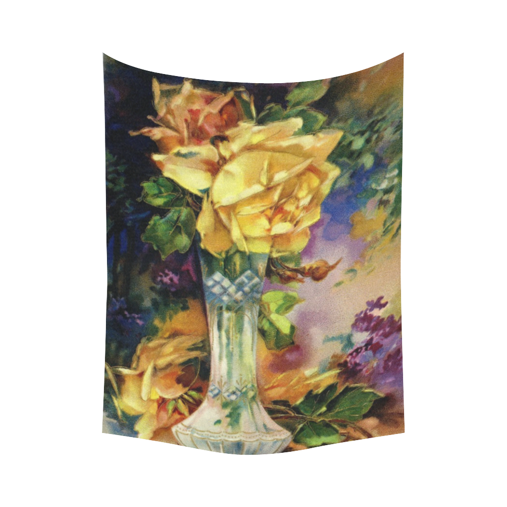 Vintage Vase and Yellow Roses Cotton Linen Wall Tapestry 60"x 80"