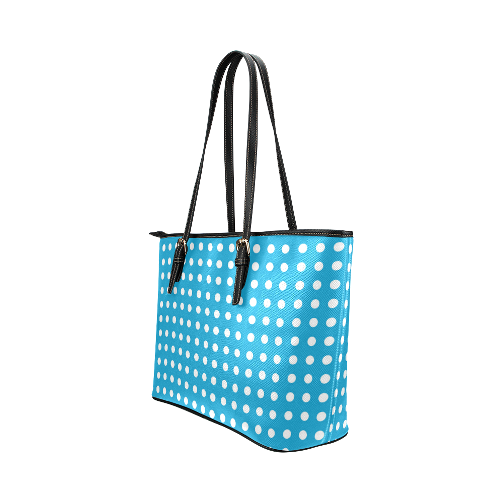 Solid Cyan With White Dots Leather Tote Bag/Large (Model 1651) | ID ...