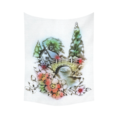 Vintage Home and Flower Garden with Bridge Cotton Linen Wall Tapestry 60"x 80"